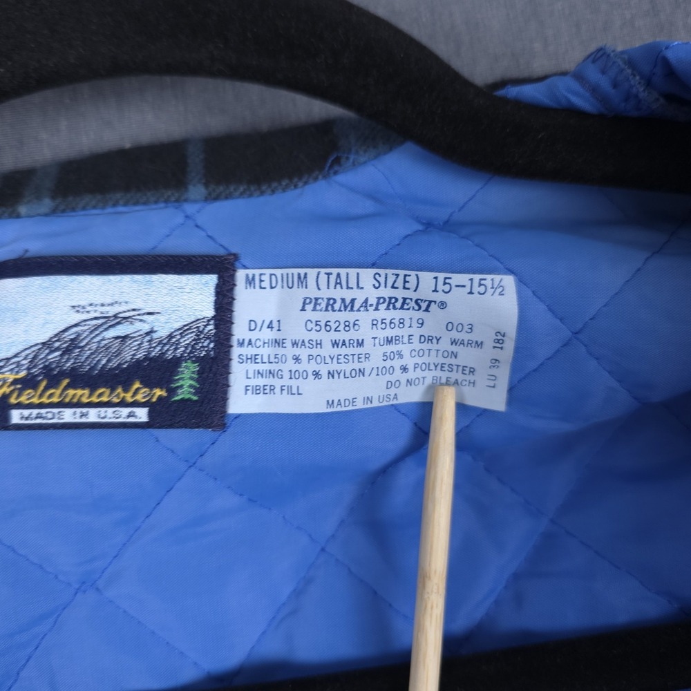 Fieldmaster Flannel Shirt Mens Medium 15.5 Black‎ Blue Plaid Quilt Lined Button - Picture 9 of 10